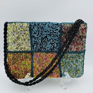 Comeco Black Satin Silk Evening Purse Handbag Iridescent Multi-Color Beaded 5x7